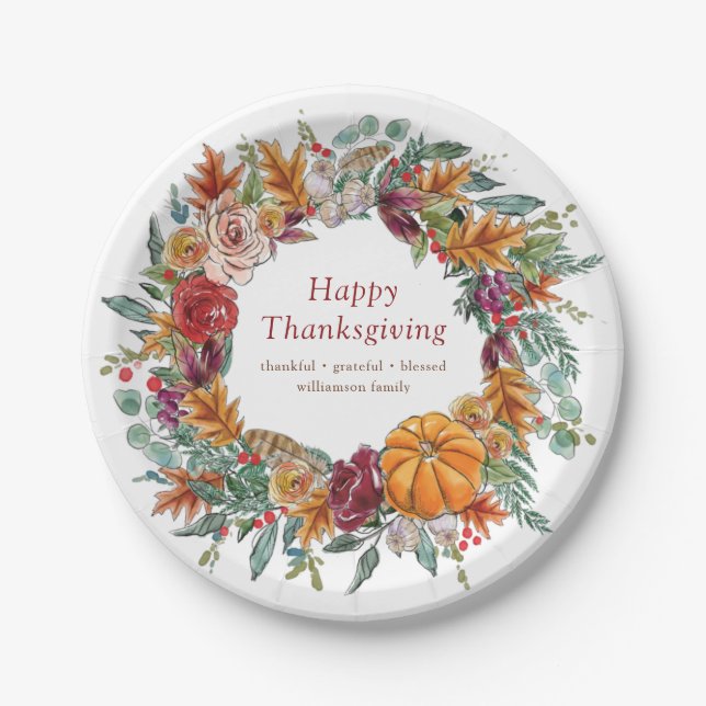 Happy Thanksgiving Country Rustic Pumpkin Wreath Paper Plates (Front)