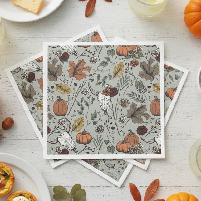 Happy Thanksgiving Cow Skull Fall Harvest Paper Dinner Napkins (Elegant Sage Green Fall Cow Skulls Thanksgiving Paper Napkins. Unique Rustic Pumpkins, Autumn Leaves)