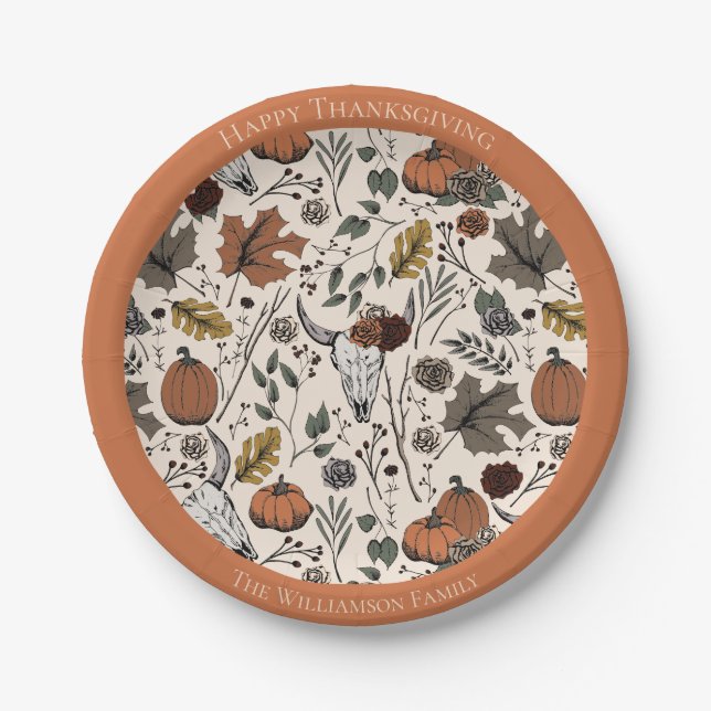 Happy Thanksgiving Cow Skull Fall Harvest Paper Plates (Front)