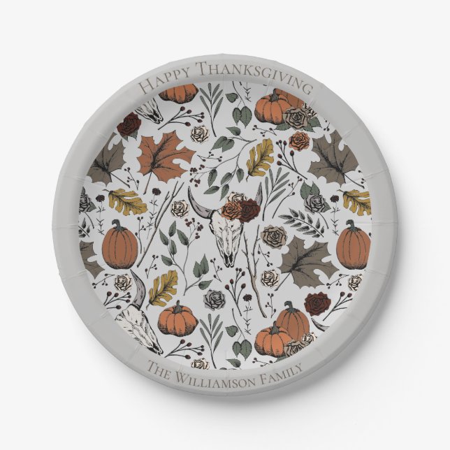 Happy Thanksgiving Cow Skull Fall Harvest Paper Plates (Front)