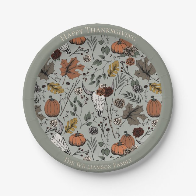 Happy Thanksgiving Cow Skull Fall Harvest Paper Plates (Front)