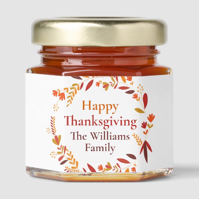 Happy Thanksgiving Custom Autumn Leaf Party Honey Jar Favors (Front)