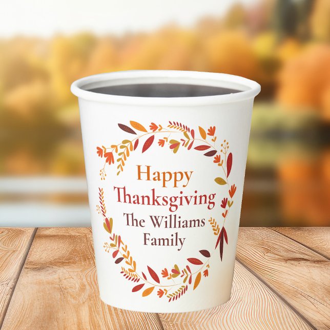 Happy Thanksgiving Custom Autumn Leaf Wreath Paper Cups (Creator Uploaded)