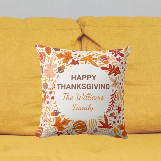 Happy Thanksgiving Custom Family Autumn Wreath Throw Pillow (Creator Uploaded)