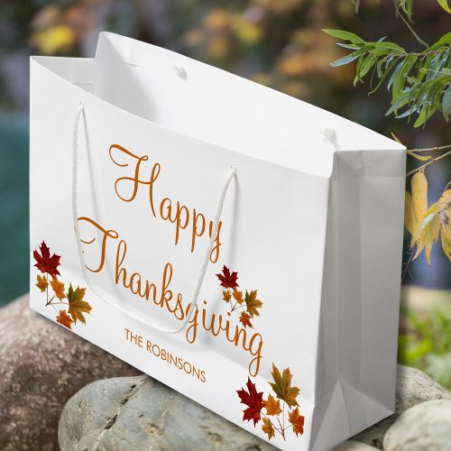 Happy Thanksgiving Custom Name Fall Leaves Large Gift Bag