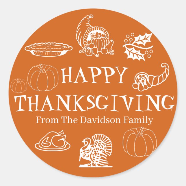 Happy Thanksgiving custom name gift favor Classic Round Sticker (Front)