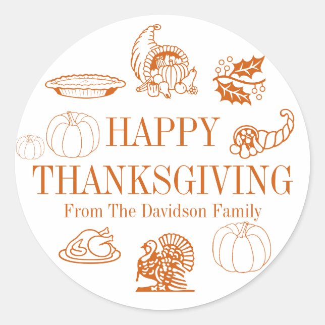 Happy Thanksgiving custom name gift favors Classic Round Sticker (Front)