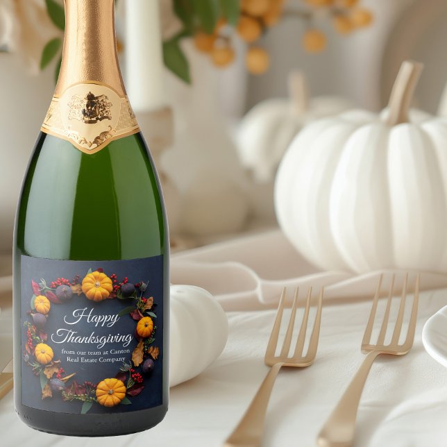Happy Thanksgiving Custom Pumpkin Wreath Modern Sparkling Wine Label (Creator Uploaded)