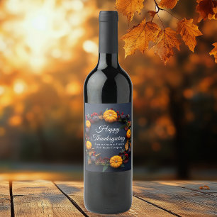 Happy Thanksgiving Custom Pumpkin Wreath Modern Wine Label