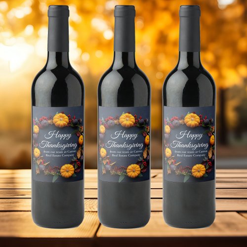 Happy Thanksgiving Custom Pumpkin Wreath Modern Wine Label