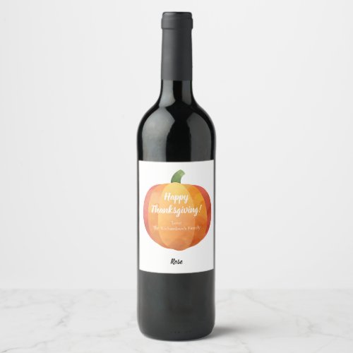 Happy Thanksgiving Custom Watercolor Pumpkin Wine Label