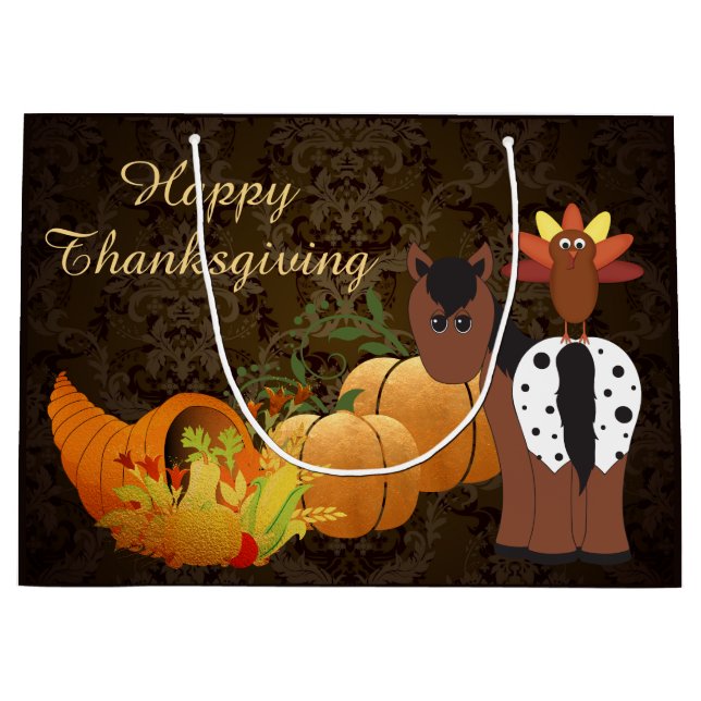 Happy Thanksgiving Cute Appaloosa Horse and Turkey Large Gift Bag (Front)