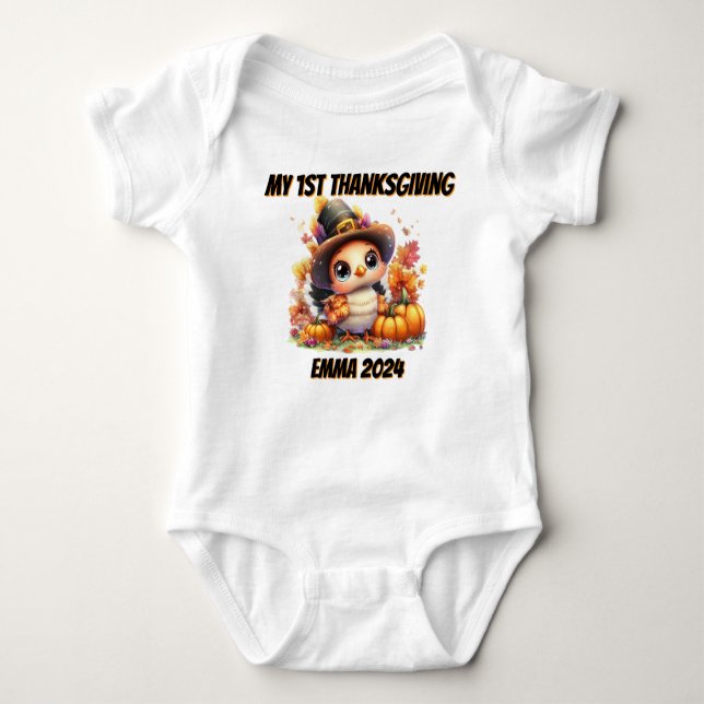 Happy Thanksgiving Cute Baby Turkey Bodysuit (Front)