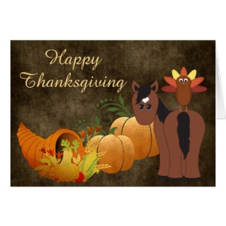 Happy Thanksgiving Cute Brown Horse and Turkey Card