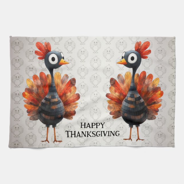 Happy Thanksgiving Cute Colorful Baby Turkey Kitchen Towel (Horizontal)