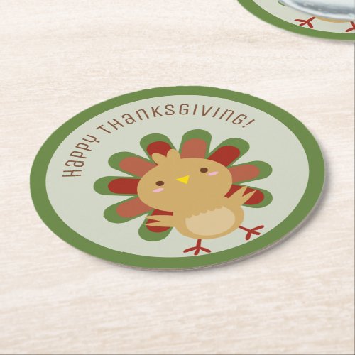 Happy Thanksgiving Cute Kawaii Turkey Dinner Party Round Paper Coaster