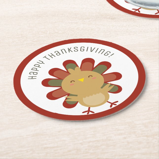 Happy Thanksgiving Cute Kawaii Turkey Dinner Party Round Paper Coaster (Angled)