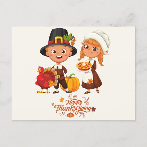 Happy Thanksgiving Cute Pilgrim Couple  Holiday Postcard