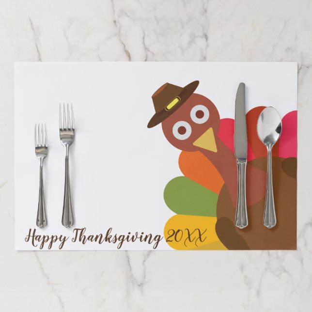 Happy Thanksgiving Cute Pilgrim Turkey Custom Paper Placemat (In Situ)
