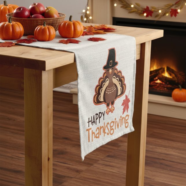 Happy Thanksgiving Cute Pilgrim Turkey Short Table Runner (Happy Thanksgiving Cute Pilgrim Turkey Short Table Runner)