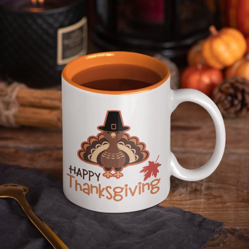 Happy Thanksgiving Cute Pilgrim Turkey Two_Tone Coffee Mug