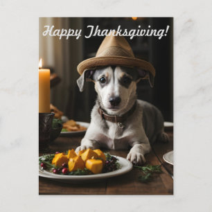 Happy Thanksgiving Cute Puppy With Pilgrim Hat Postcard