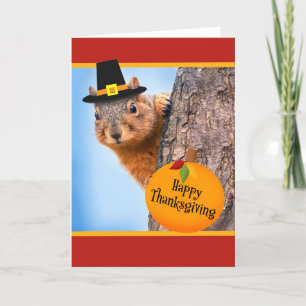Happy Thanksgiving Cute Squirrel in Hat Holiday Card