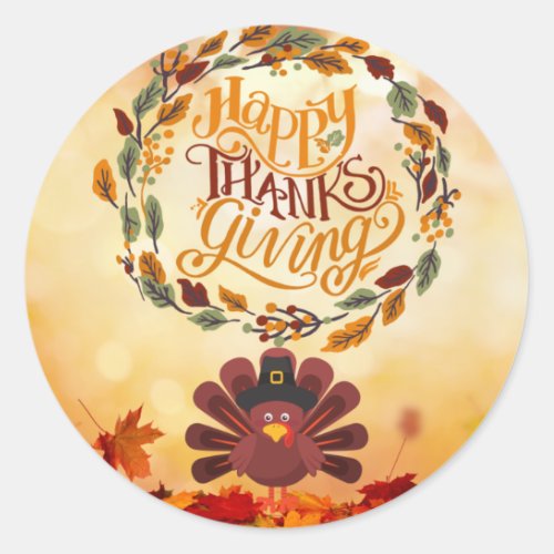 Happy Thanksgiving Cute Turkey and Autumn Leaves   Classic Round Sticker