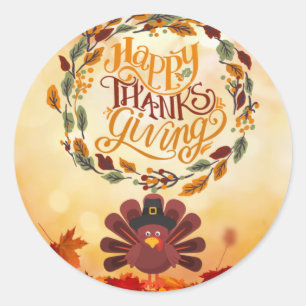 Happy Thanksgiving Cute Turkey and Autumn Leaves Classic Round Sticker