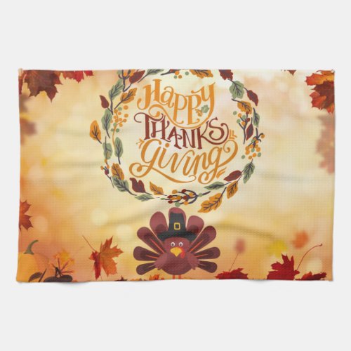 Happy Thanksgiving Cute Turkey and Autumn Leaves   Kitchen Towel