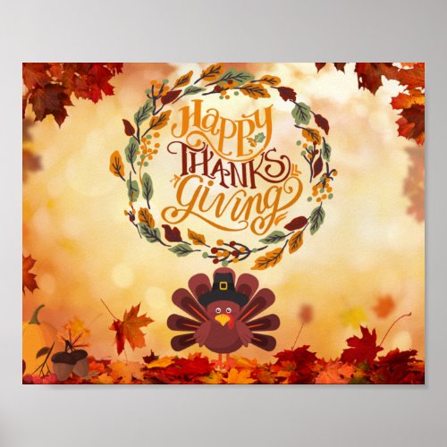 Happy Thanksgiving Cute Turkey and Autumn Leaves   Poster