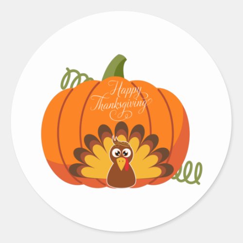 Happy Thanksgiving Cute Turkey and Pumpkin  Classic Round Sticker