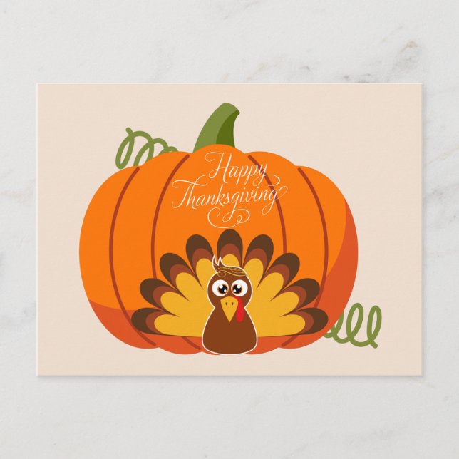 Happy Thanksgiving Cute Turkey and Pumpkin Postcard (Front)