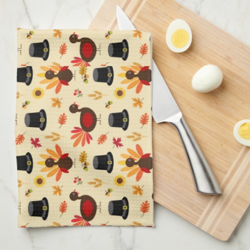 Happy Thanksgiving Cute Turkey Floral Kitchen Kitchen Towel