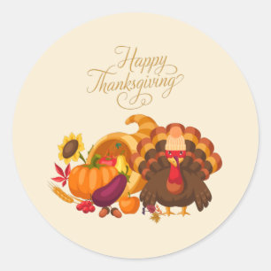Happy Thanksgiving Cute Turkey, Horn of Plenty Classic Round Sticker