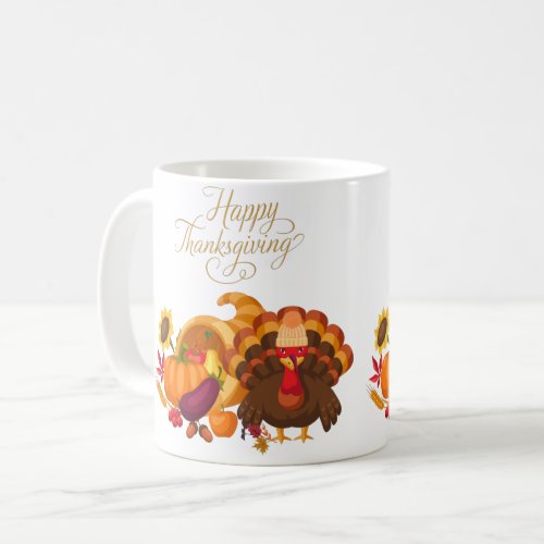 Happy Thanksgiving Cute Turkey Horn of Plenty Coffee Mug