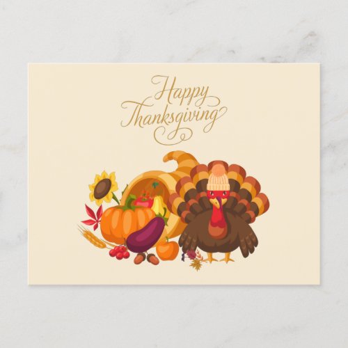 Happy Thanksgiving Cute Turkey Horn of Plenty Holiday Postcard