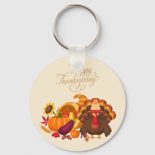 Happy Thanksgiving Cute Turkey Horn of Plenty   Keychain