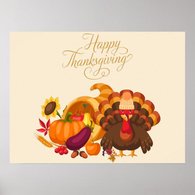 Happy Thanksgiving Cute Turkey, Horn of Plenty  Poster (Front)