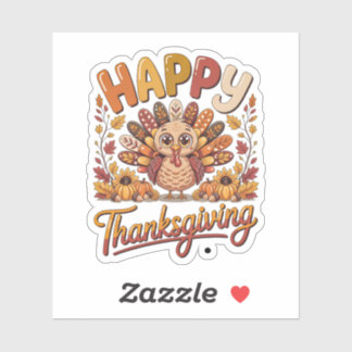 Happy Thanksgiving Cute Turkey Pumpkins Sunflowers Sticker