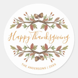 HAPPY THANKSGIVING CUTE WATERCOLOR FALL FOLIAGE CLASSIC ROUND STICKER