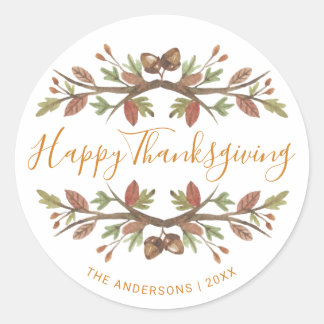 HAPPY THANKSGIVING CUTE WATERCOLOR FALL FOLIAGE CLASSIC ROUND STICKER