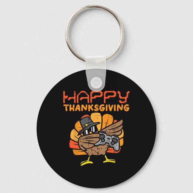 Happy Thanksgiving Dabbing Gamer Turkey Kids Boys  Keychain (Front)