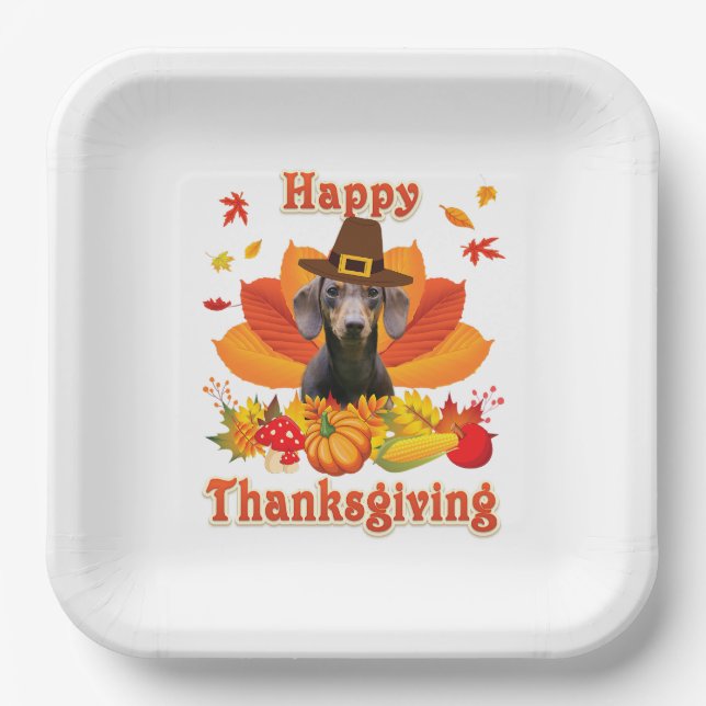 Happy Thanksgiving Dachshund Dog Owner Pet Lover Paper Plates (Front)