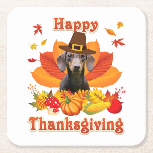 Happy Thanksgiving Dachshund Dog Owner Pet Lover Square Paper Coaster