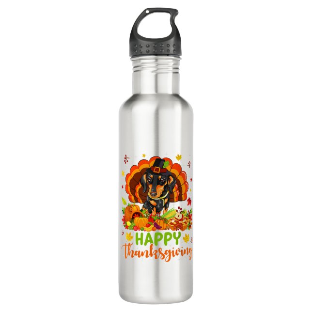 Happy Thanksgiving Dachshund Dog Turkey Dog Lover  Stainless Steel Water Bottle (Front)