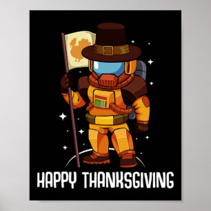 Happy Thanksgiving Day Astronaut Turkey Flag Fall  Poster