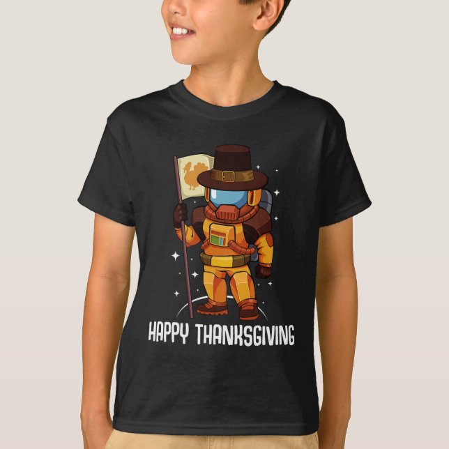 Happy Thanksgiving Day Astronaut Turkey Flag Fall  T-Shirt (Front)
