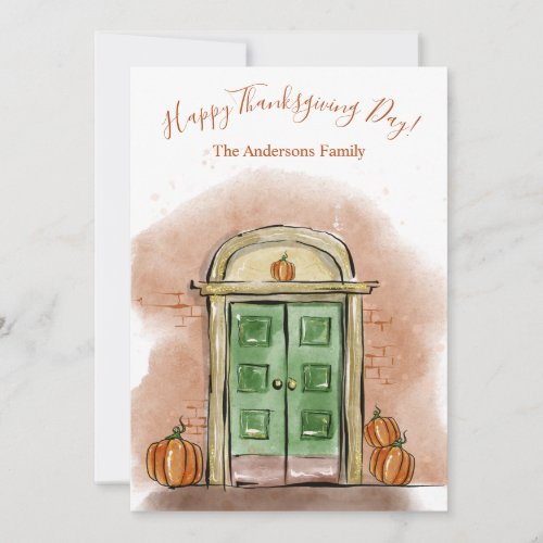 Happy Thanksgiving Day Autumn House Door Pumpkin   Holiday Card