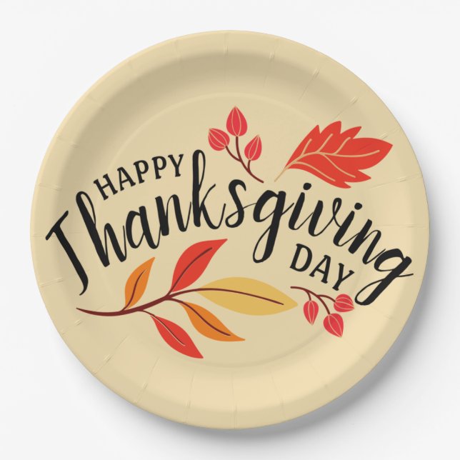 Happy Thanksgiving Day Botanical Fall Beige Leaves Paper Plates (Front)